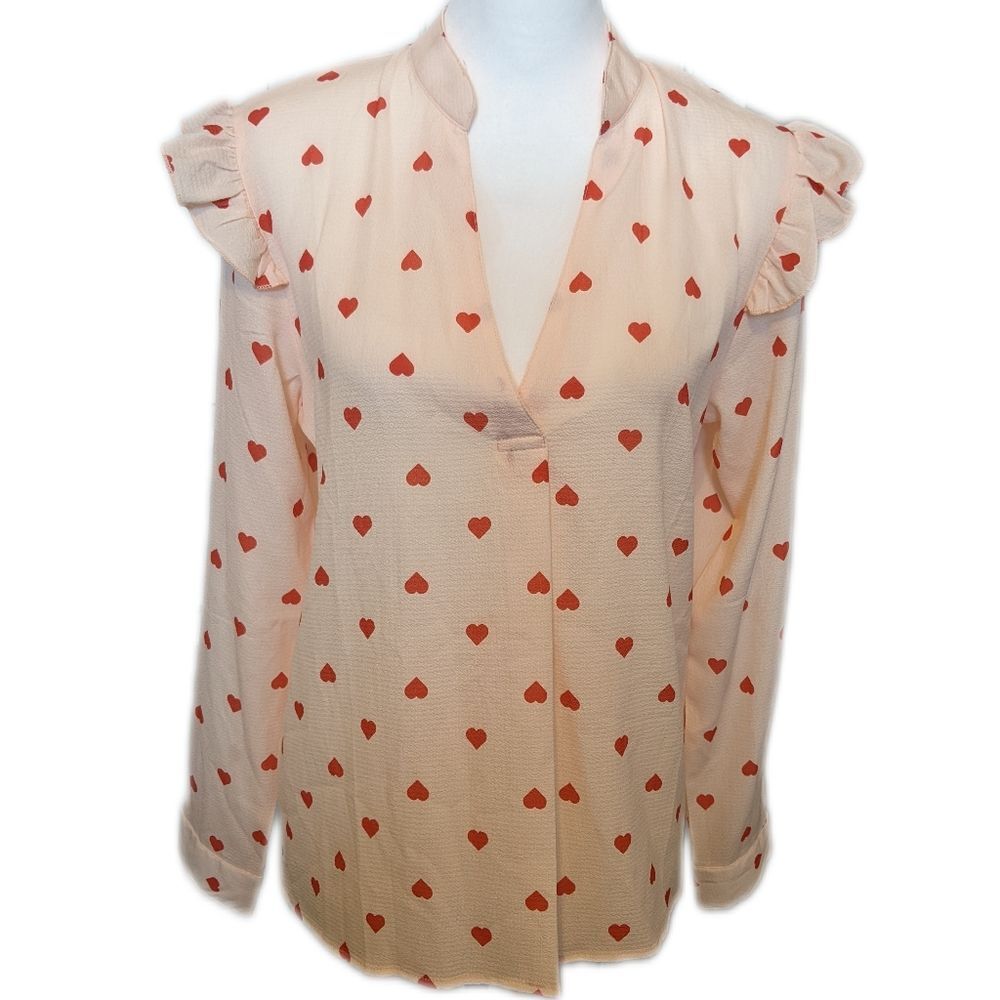 Made With Love NWT v-neck blouse pale peach w/red hearts, ruffle sleeve S